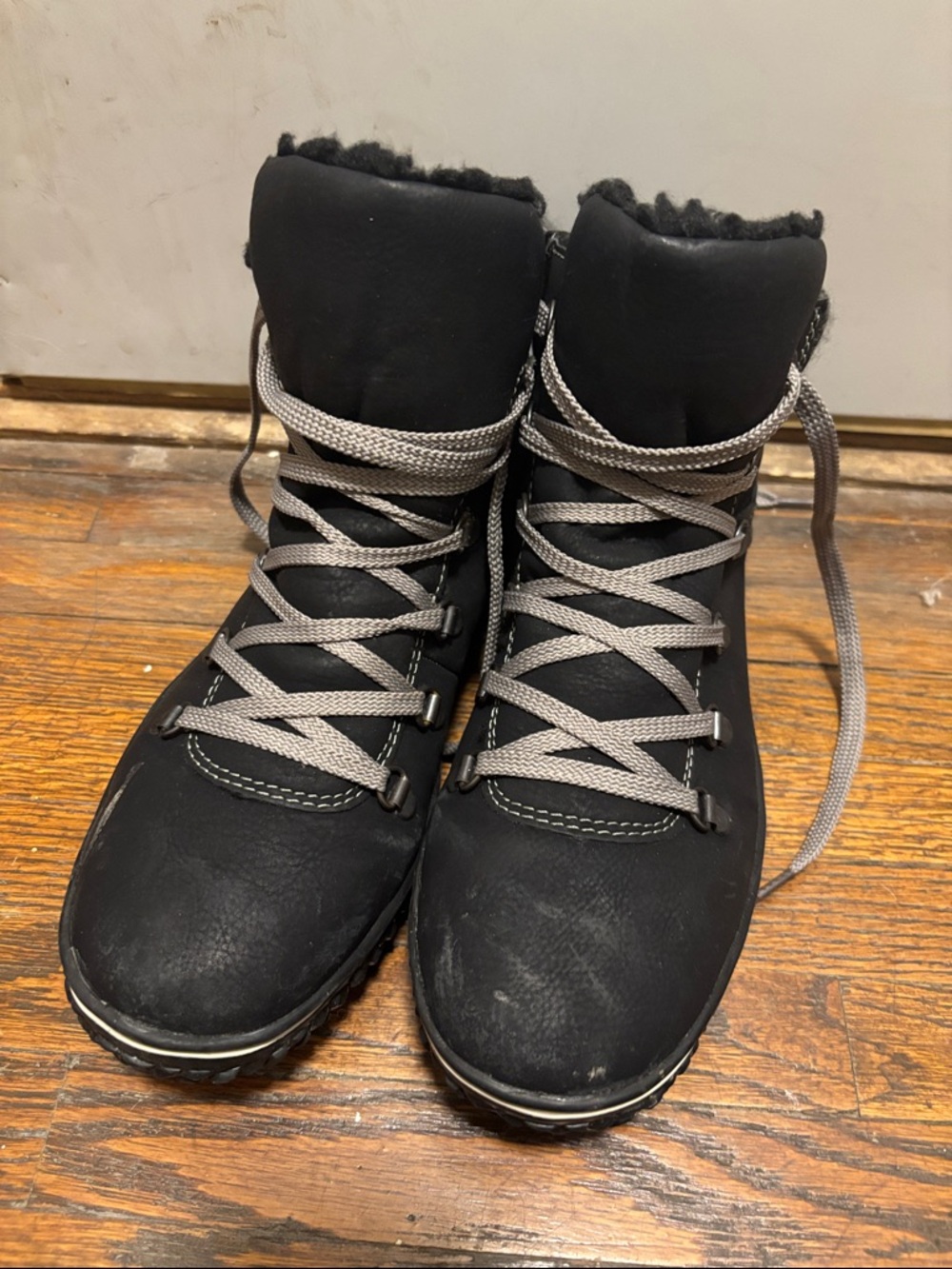 Brand new: Rieker Black Winter Lace-Up Boots with Gray Laces